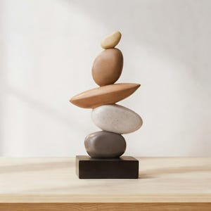 May include: A balanced stone sculpture on a dark brown base. The stones are in shades of beige, brown, and grey. This decorative item is suitable for a home or office setting.