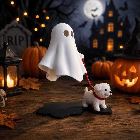 ghost dog statue, Cute Ghost Dog Lamp, Halloween Desk Decor, Mini Ghost Statue, Kawaii Puppy Ornament, Spooky Shelf Decor Gift