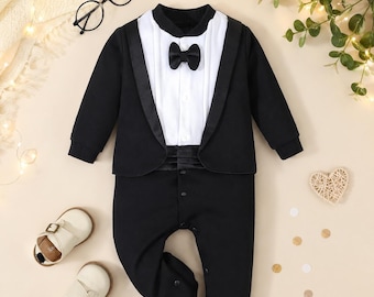 Baby Boy Tuxedo Romper | Coming Home Outfit | Baby Shower Gift | Formal Bow Tie Jumpsuit | Baby Photoshoot Prop | Gentleman Baby Suit