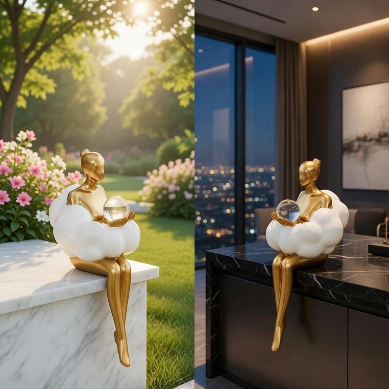 Woman Reading Figurine- Golden Cloud Girl Statues Set - Desk Shelf ...