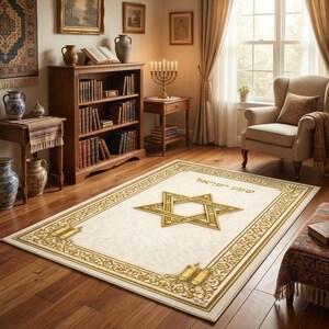 Op de afbeelding: Een crèmekleurig rechthoekig tapijt met een gouden Davidster in het midden en een gouden rand. Het tapijt ligt in een kamer met een houten vloer, een boekenkast en een raam.
