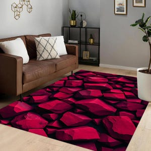 3D Effect Red Stone Rug, Realistic Rock Pattern, Volcanic Lava Floor Decor, Geometric Low Poly Art, Optical Illusion Rug, Bold Modern Rug