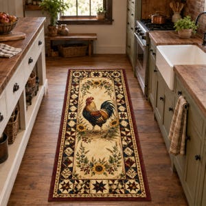 May include: A rectangular runner rug featuring a central illustration of a rooster surrounded by sunflowers and foliage. The rug has a cream-colored center and a dark red border decorated with a geometric pattern of stars and squares in various colors.