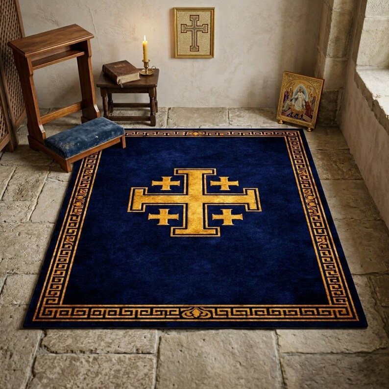 Jerusalem Cross Christian Prayer Rug - Navy Blue Gold Catholic Kneeling ...
