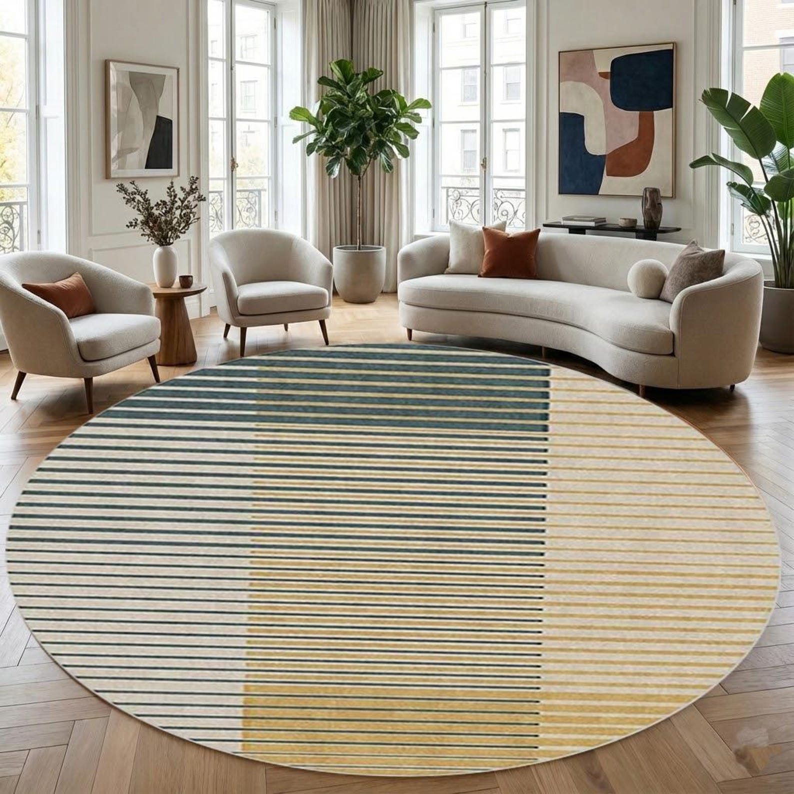 Mid Century Modern Round Rug, Geometric Japandi Circle Area Rug ...