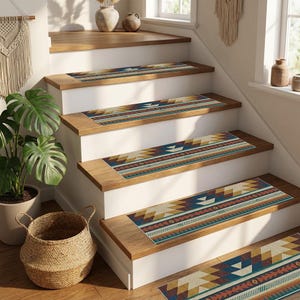 Può includere: Gradini per scale con un motivo geometrico del sud-ovest nei toni del beige, verde acqua, ruggine e oro. I gradini rettangolari sono posizionati su scale in legno con alzatine bianche. Il design presenta triangoli, strisce e losanghe.