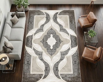 Traditional Black White Area Rug, Elegant Medallion Rug, Classic Living Room Decor, Washable Rug, Non Slip Floor Mat, Oriental Design Large