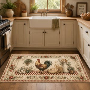 May include: A rectangular kitchen rug with a rooster design. The rug features a cream background with a red and white checkered border. The rooster is brown, red, and black. Other elements include a basket of eggs and floral accents.