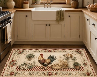 Tapis de cuisine coq de ferme, chemin de cuisine champêtre vintage, tapis de cuisine antidérapant lavable, tapis de sol déco coq rustique