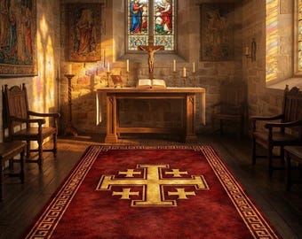 Alfombra de oración con la cruz de Jerusalén, reclinatorio cristiano, regalo católico, decoración gótica medieval, tapete cruzado rojo y dorado, arte religioso, alfombra antideslizante