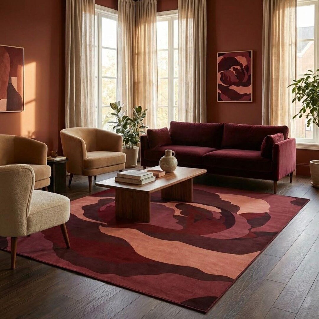 Red Wavy Rug Abstract Wavy Rug, Burgundy Red Area Carpet, Retro 70s Home Decor ...