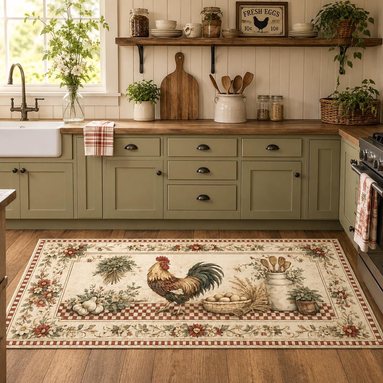 Farmhouse Rooster Kitchen Rug, Vintage Country Kitchen Runner, Washable ...