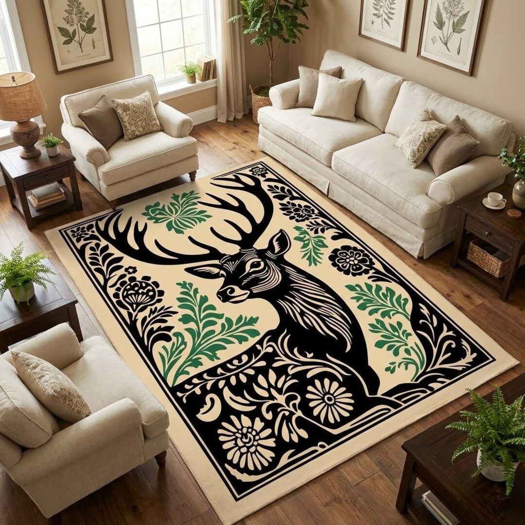 Cottagecore Deer Rug, Folk Art Stag Area Rug, Woodland Living Room ...