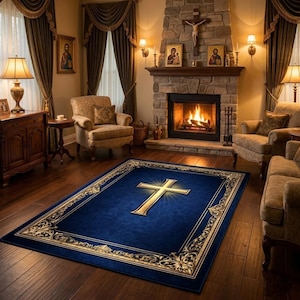 May include: A navy blue rug featuring a gold cross design. The rug has an ornate gold border and is placed in a living room with a fireplace and traditional furniture.
