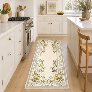 May include: A rectangular kitchen runner rug with a cream-colored background. The rug features a repeating pattern of lemons, olives, and leaves in yellow, green, and blue. The border is a light blue.