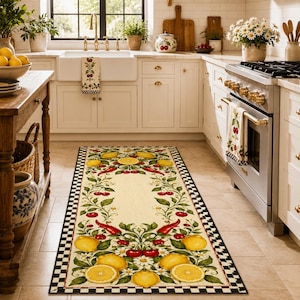 Puede incluir: Una alfombra de cocina rectangular con un centro de color crema que presenta un patrón botánico de limones amarillos, cerezas rojas y chiles rojos, enmarcada por un borde a cuadros blanco y negro que recorre todo el perímetro.