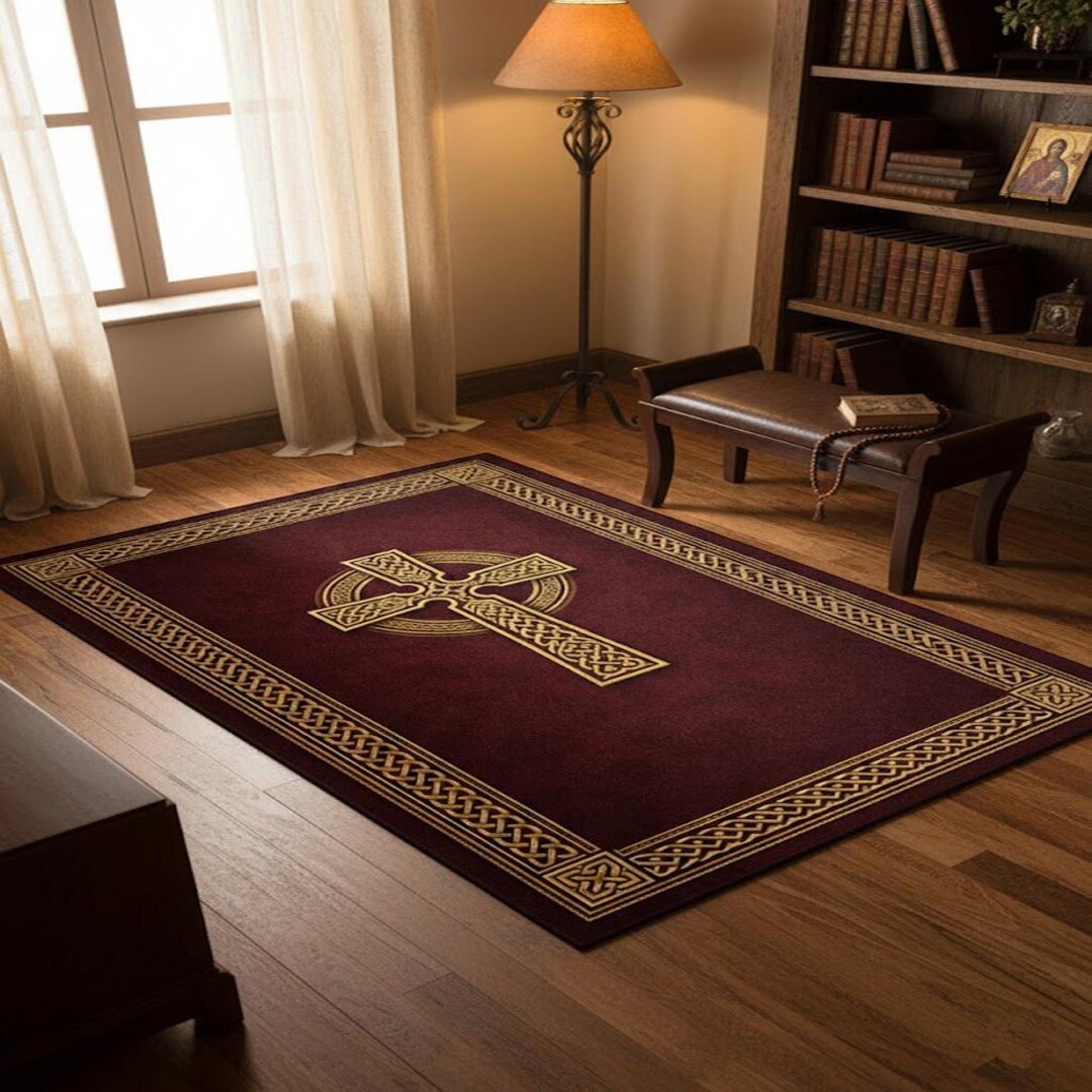 Celtic Cross Christian Prayer Rug - Ornate Gold Kneeling Mat for War ...