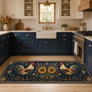 May include: A rectangular floor mat featuring a dark blue background with a symmetrical pattern of two roosters facing inward, surrounded by yellow sunflowers, red flowers, and green foliage, finished with a decorative geometric border.