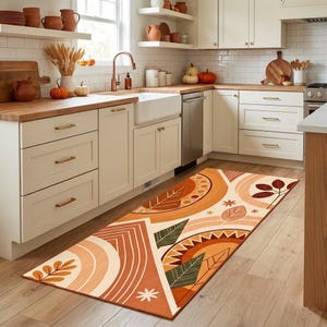 Boho Kitchen Rug, Mid Century Modern Runner, Terracotta Abstract Leaf, Burnt Orange Washable Non Slip Mat, Earthy Aesthetic Floor Decor