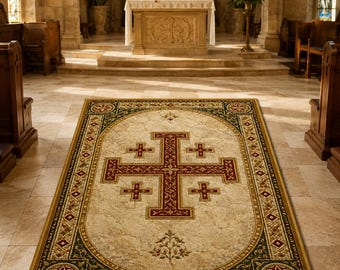 Christian Prayer Rug, Jerusalem Cross Kneeling Mat, Catholic Orthodox Gift, Vintage Religious Home Decor, Crusader Cross Area Rug