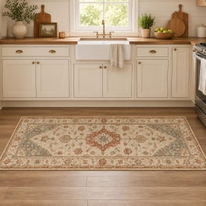 May include: A rectangular area rug with an ornate, traditional design. The rug features a central medallion in shades of rust and cream, surrounded by a border of blue and beige. The rug is placed on a hardwood floor in a kitchen setting.