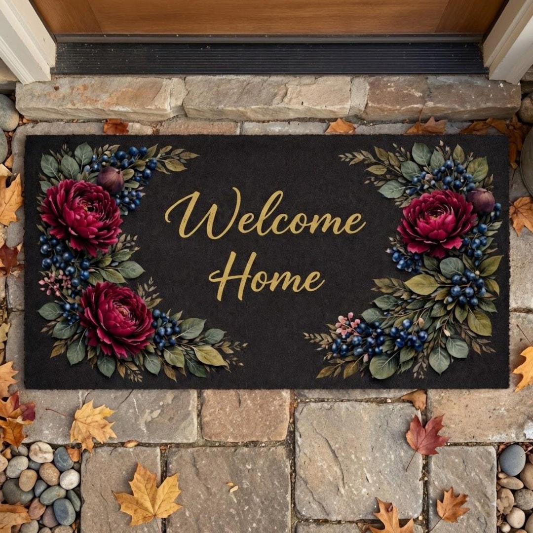 Welcome Homos Rug Dark Floral Welcome Mat, Burgundy Peonies Doormat, Welcome Home Rug ...