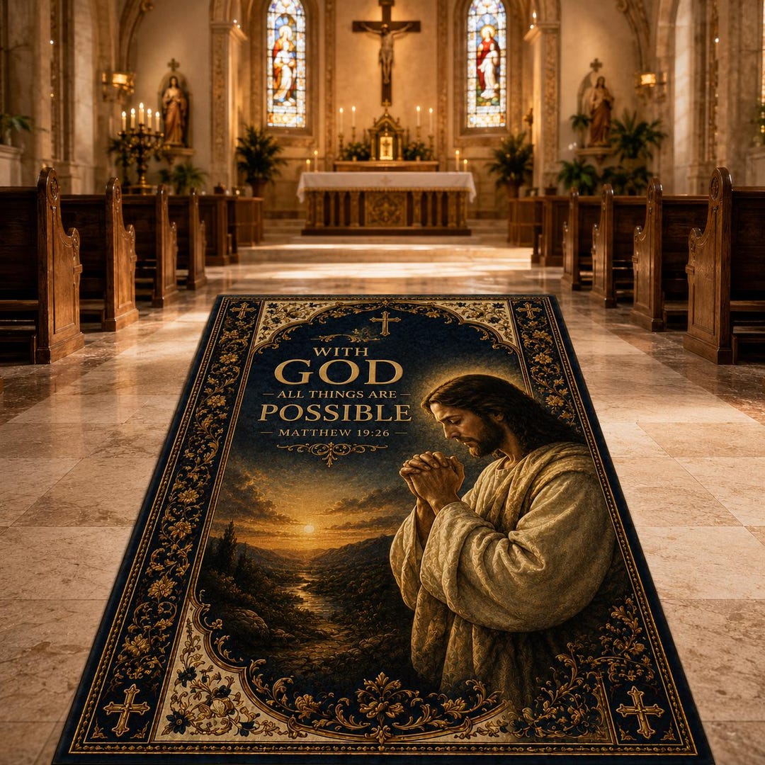 Custom Jesus Rug Christian Prayer Rug Jesus Kneeling Mat Matthew 19 26 Bible Verse Area ...