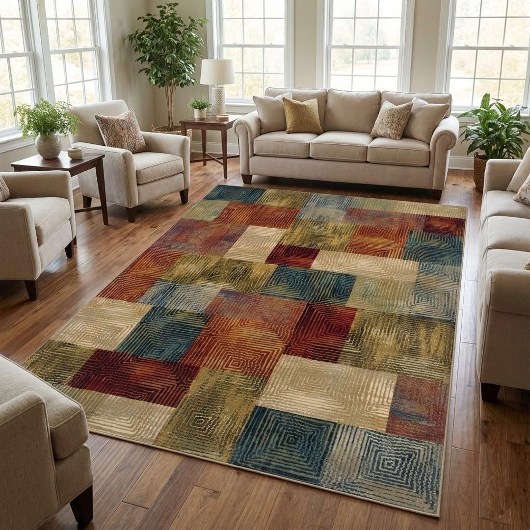 Colorful Patchwork Area Rug, Geometric Mosaic Square Pattern, Red Blue ...