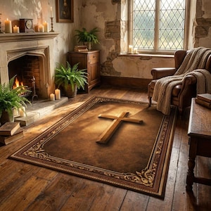 May include: A rectangular brown rug with a large wooden cross in the center. The rug has a decorative border and is placed in a room with a fireplace, candles, and a leather armchair.