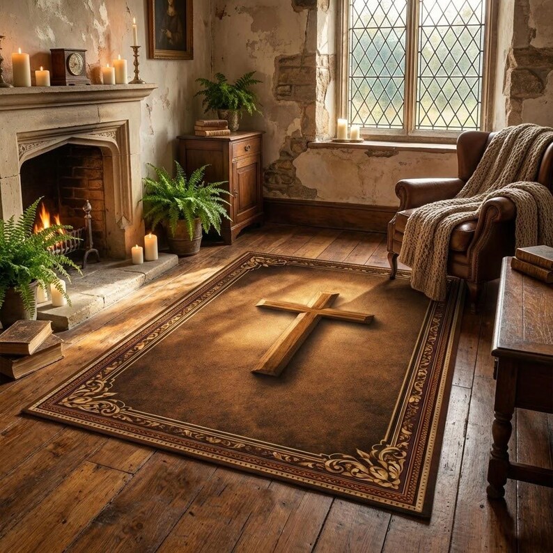 May include: A rectangular brown rug with a large wooden cross in the center. The rug has a decorative border and is placed in a room with a fireplace, candles, and a leather armchair.