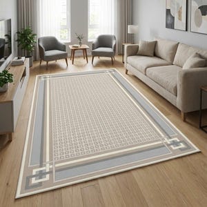Puede incluir: Una alfombra rectangular con un patrón geométrico en tonos beige, gris y blanco. La alfombra presenta un diseño cuadrado repetitivo en el centro, enmarcado por bordes de diferentes anchos y colores. La alfombra está colocada sobre un suelo de madera.