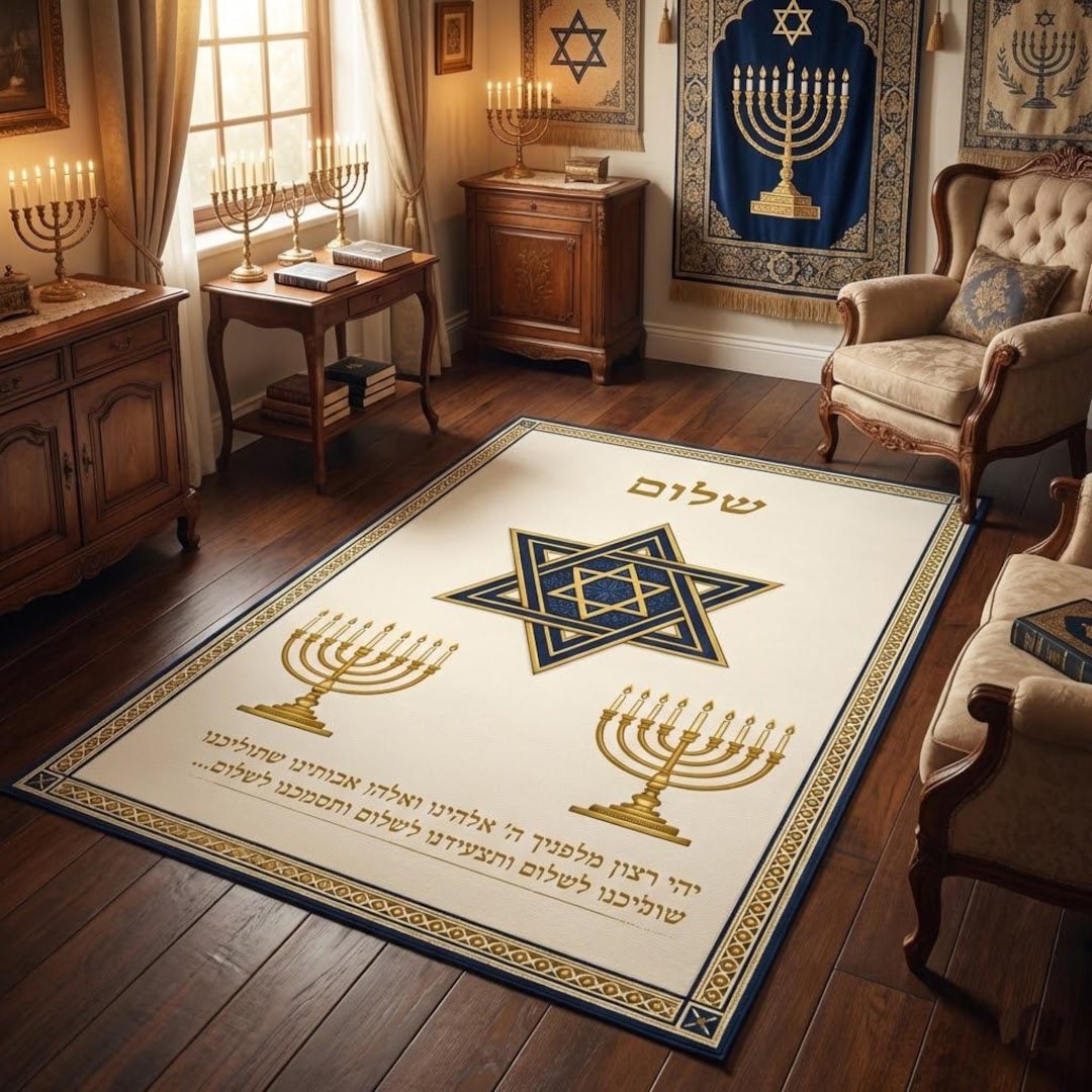 Judaica Rug Star of David & Menorah Rug, Jewish Home Decor, Hebrew Shalom Prayer ...