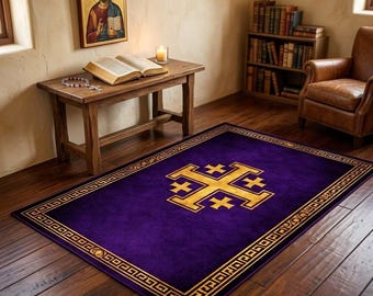 Purple Jerusalem Cross Christian Prayer Rug - Gold Crusader Cross Kneeling Mat for Daily Meditation & Catholic Religious Gift Home Altar