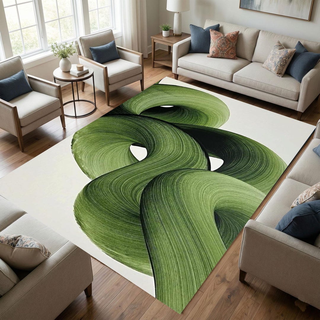 Patterned Green Rug Abstract Design Abstract Green Swirl Rug, Brushstroke Art Design, Sage Green Living ...