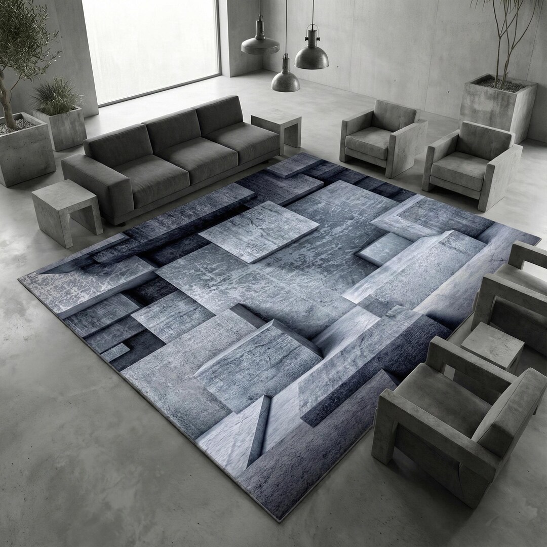 3D Concrete Block Rug, Architectural Grey Structure Pattern, Modern ...