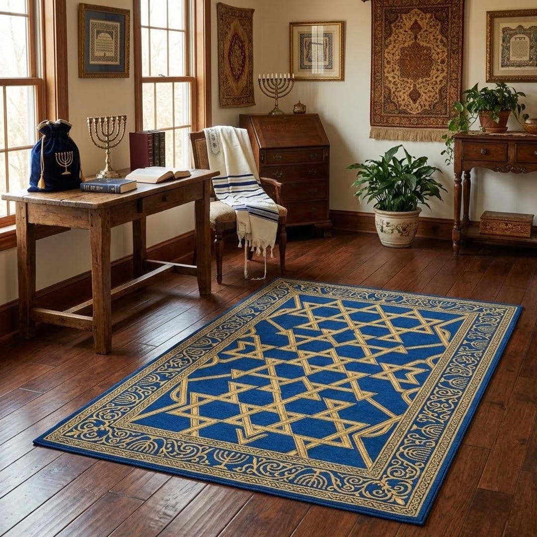 Judaica Rug Star of David Rug, Jewish Prayer Mat With Menorah, Blue Gold Judaica ...