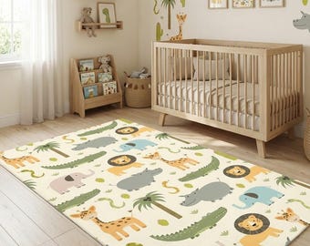 Safari Nursery Rug, Jungle Animal Kids Area Rug for Playroom Decor, Neutral Boho Baby Room Carpet, Washable Lion Elephant Giraffe Floor Mat