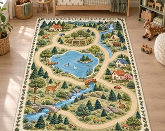 May include: A rectangular area rug featuring a detailed illustrated landscape with winding dirt paths, a central blue pond with ducks, a flowing river, evergreen trees, small houses, and various forest animals including a deer, bear, and rabbit.
