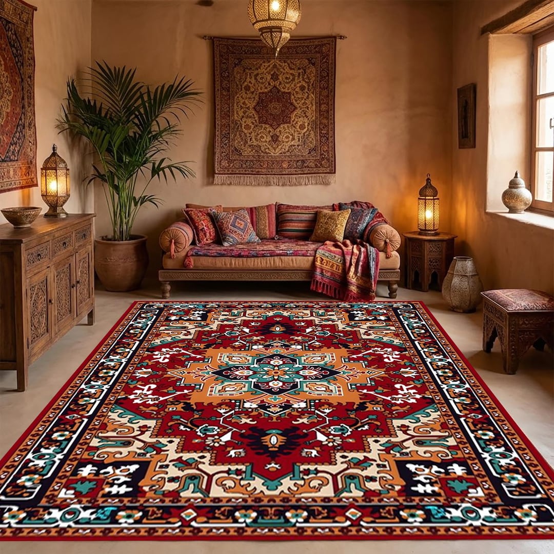 Traditional Persian Style Rug, Red and Navy Oriental Decor, Vintage ...