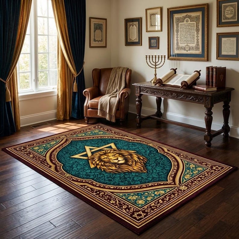 Judaica Rug Lion of Judah Prayer Rug & Wall Decor, Star of David Design, Messianic ...