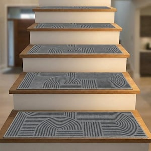 Non Slip Stair Treads, Mid Century Modern Arch Step Rugs, Geometric Charcoal Grey Runner, Washable Pet Friendly Carpet for Stairs
