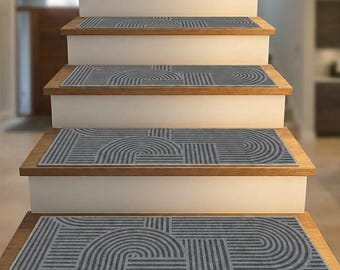 Non Slip Stair Treads, Mid Century Modern Arch Step Rugs, Geometric Charcoal Grey Runner, Washable Pet Friendly Carpet for Stairs