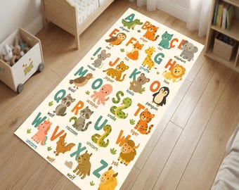 May include: A rectangular children's rug featuring the alphabet with colorful animal illustrations. Each letter is paired with an animal, such as an alligator for A, a cat for C, and a zebra for Z. The rug is beige with a playful design.