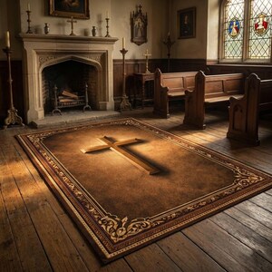 May include: A rectangular brown rug with a large wooden cross in the center. The rug has a decorative border with floral patterns. The rug is placed on a wooden floor in a church or chapel setting.