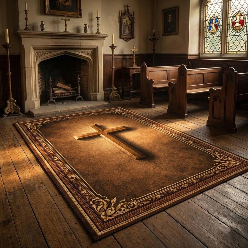 May include: A rectangular brown rug with a large wooden cross in the center. The rug has a decorative border with floral patterns. The rug is placed on a wooden floor in a church or chapel setting.