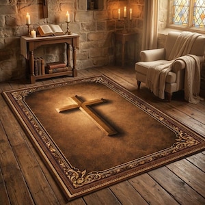 May include: A rectangular brown rug with a large wooden cross in the center. The rug has a decorative border with floral patterns. The cross is illuminated, creating a shadow. The rug is placed on a wooden floor.