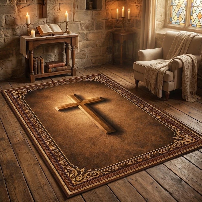 May include: A rectangular brown rug with a large wooden cross in the center. The rug has a decorative border with floral patterns. The cross is illuminated, creating a shadow. The rug is placed on a wooden floor.