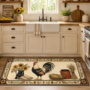 May include: A rectangular kitchen floor mat featuring a cream-colored background with a central rooster illustration, a vase of sunflowers, a basket of corn, and a bundle of wheat. The mat has a decorative border with small sunflower motifs.