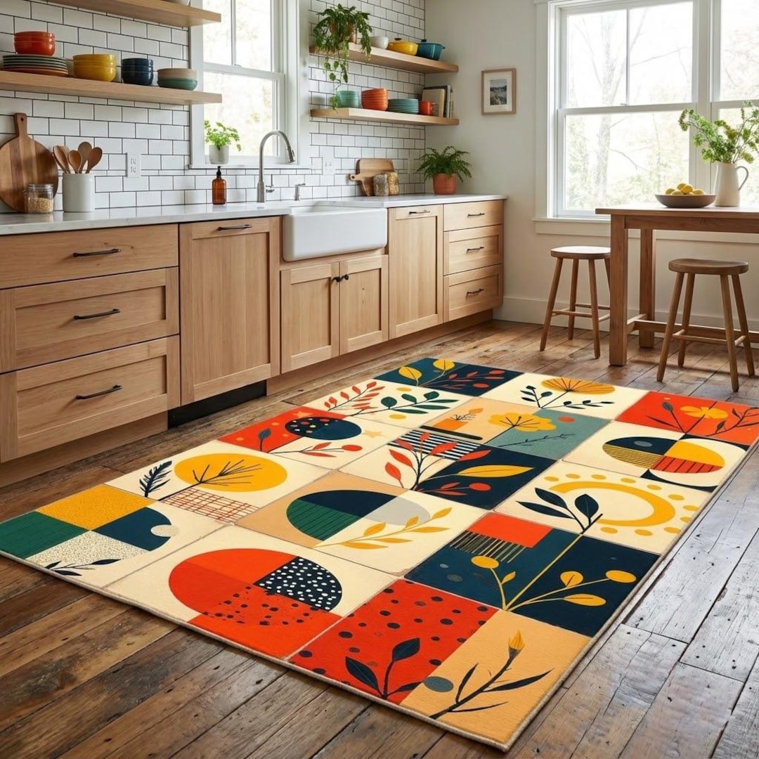 Funky Kitchen Rugs Mid Century Modern Kitchen Rug, Boho Botanical Abstract Area Rug ...