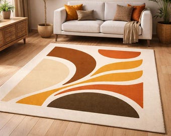 Mid Century Modern Rug, Boho Abstract Area Rug, Terracotta & Burnt Orange 70s Decor, Washable Living Room Carpet, Geometric Aesthetic Mat